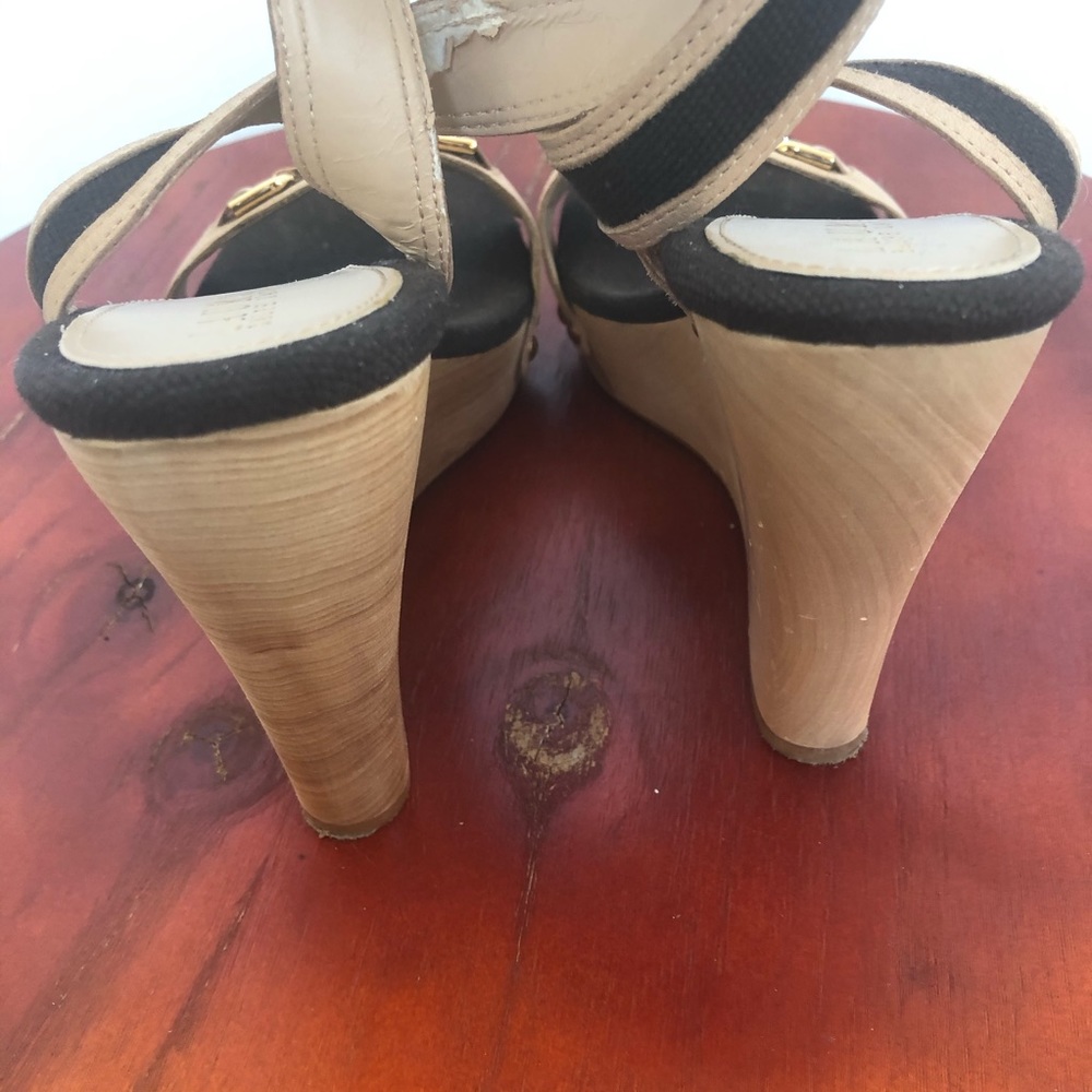 Ralph Lauren Beige/Black Strappy Wood Wedge 7.5M - Picture 5 of 9